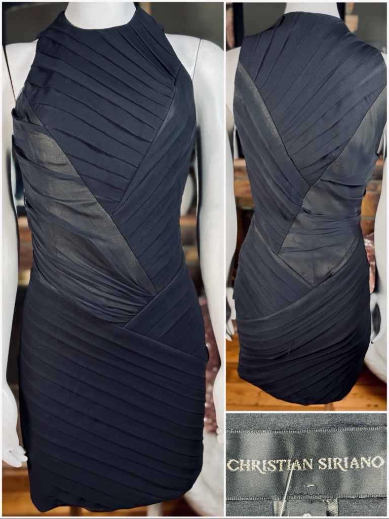 Christian Siriano Black Silk High Neck Sleeveless Pleated Panel Dress Szs 2/6/10